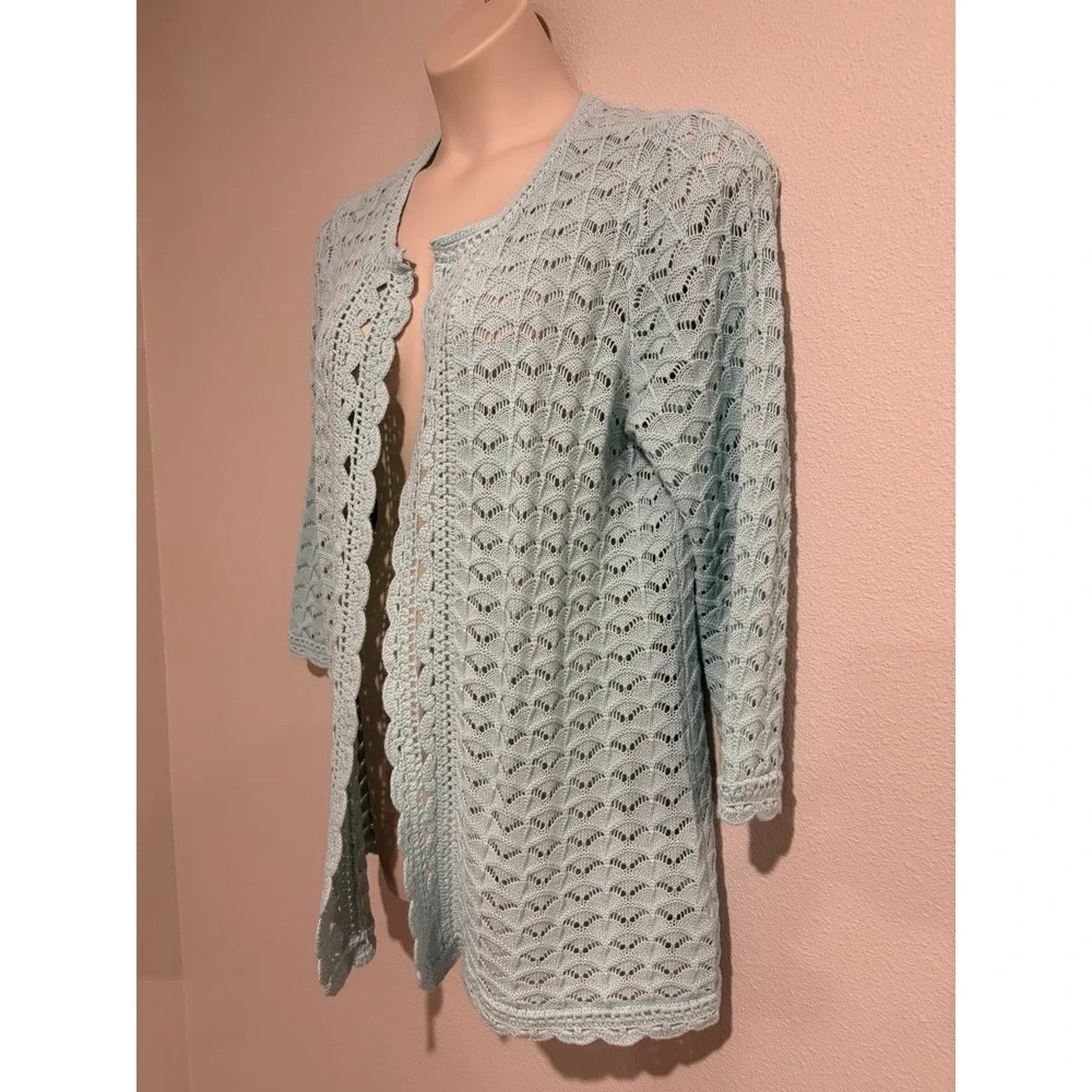 Isaac Mizrahi Aqua Crochet Knit Open Cardigan Sweater Sz L Cotton Blend Coastal